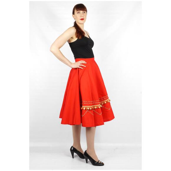 Vintage 1950s Red Beaded Zig Zag Pom-pom Circle Skirt by Capitol of Boston | Med - Picture 6 of 10